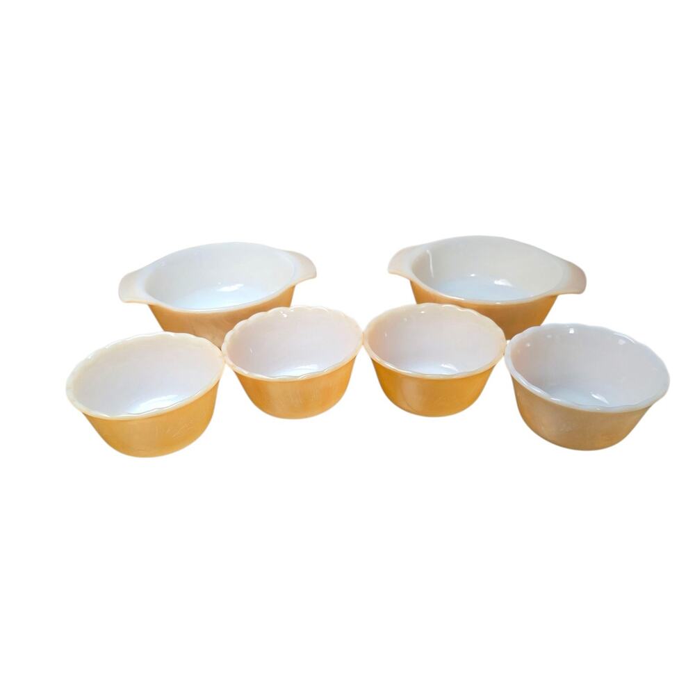 Vintage Set of 6 Fire King Peach Luster 6 oz Scalloped Dessert Cups/ Casserole